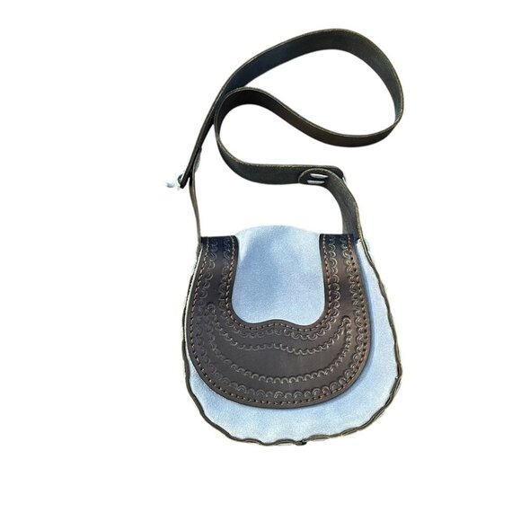 🌟 Vintage Western Blue Leather & Suede Tooled Saddle Crossbody Bag Handmade Bag - Picture 1 of 6